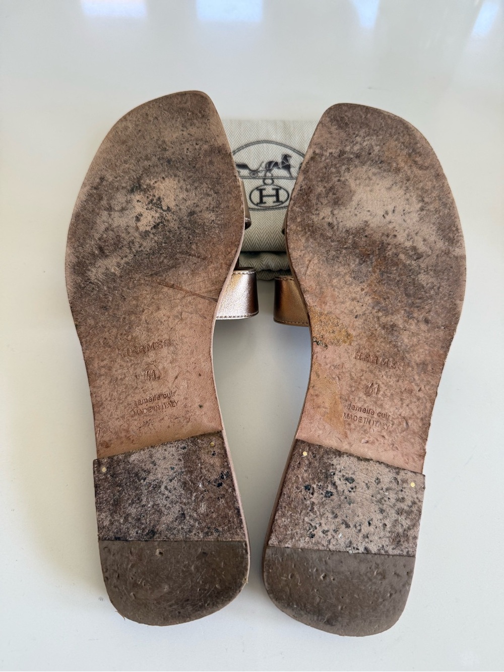 Authentic Hermes Metallic Rose Gold Oran Leather Slide Sandals Size 41 - Picture 7 of 11